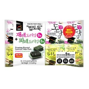 Haio Premium Roasted Seaweed Value Pack (Original+green Laver) 0.15oz(4.25g) 16 Packs