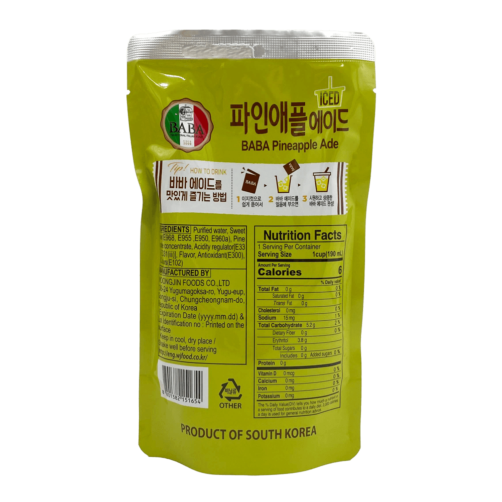 Baba Pineapple Ade Pouch 6.42 Fl Oz (190ml) - H Mart